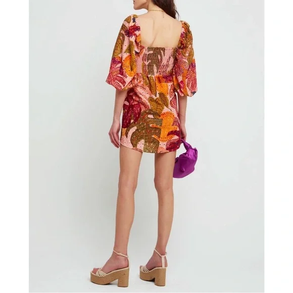 Anthropologie Kourt “Robbie” Cotton Eyelet Mini Dress, Tropical Palm Print - Picture 3 of 12